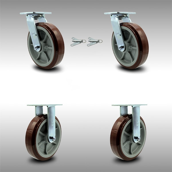 8 Inch SS Polyurethane Caster Set with Roller Bearings 2 Swivel Lock 2 Rigid SCC